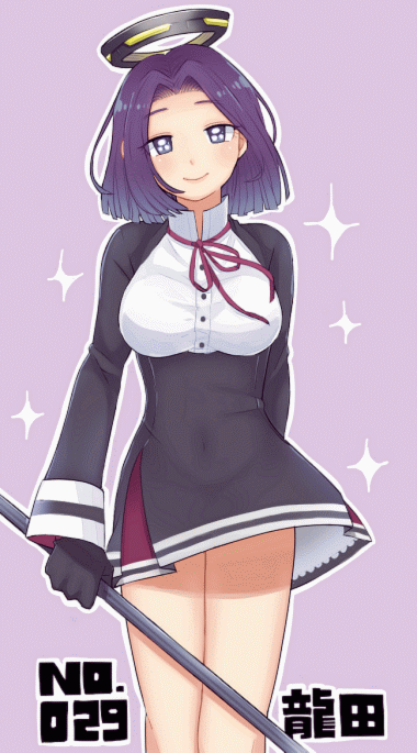 1girl, breasts, kantai_collection, mechanical_halo, polearm, purple_hair, renren, short_hair