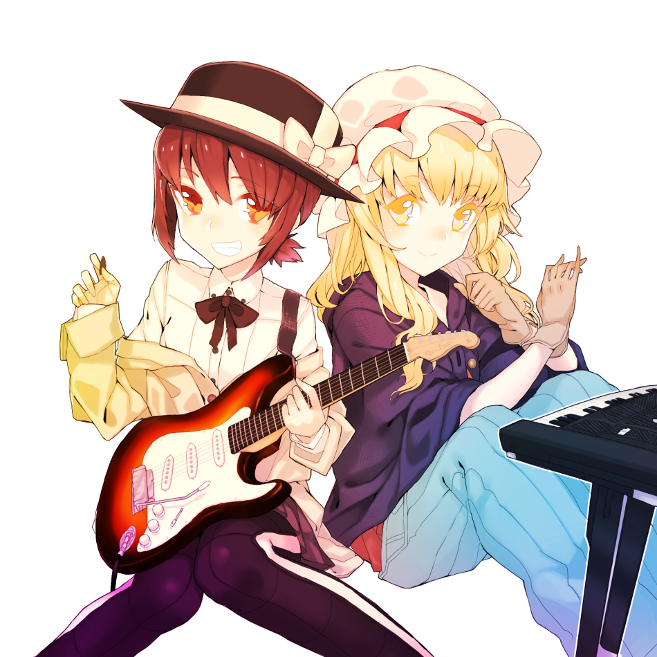 2girls, blonde_hair, brown_eyes, brown_hair, gloves, grin, guitar, holding