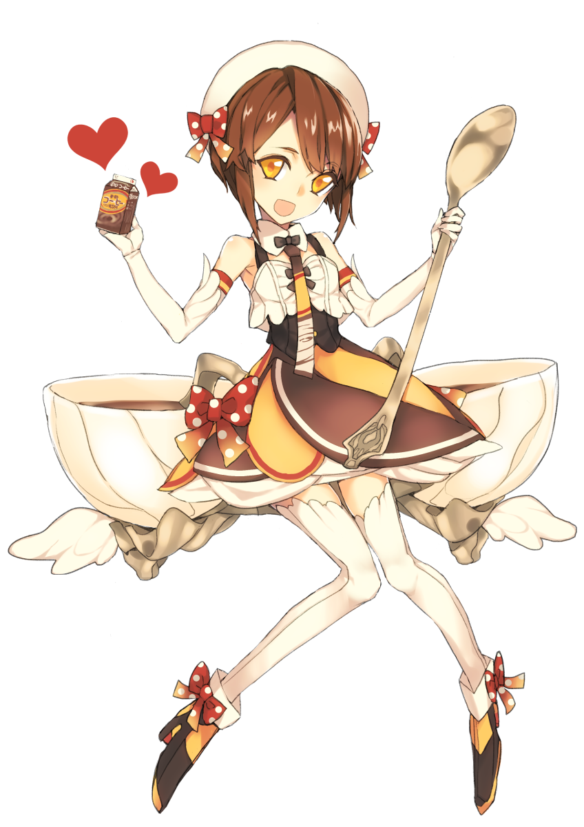 1girl, :d, brown_hair, drinking, elbow_gloves, gloves, hat, highres, holding, koto_(kotocotton), looking_at_viewer, open_mouth, original, shoes, short_hair, simple_background, smile, solo, spoon, thigh-highs, white_background, white_gloves, white_legwear, yellow_eyes, yukiko-tan, zettai_ryouiki