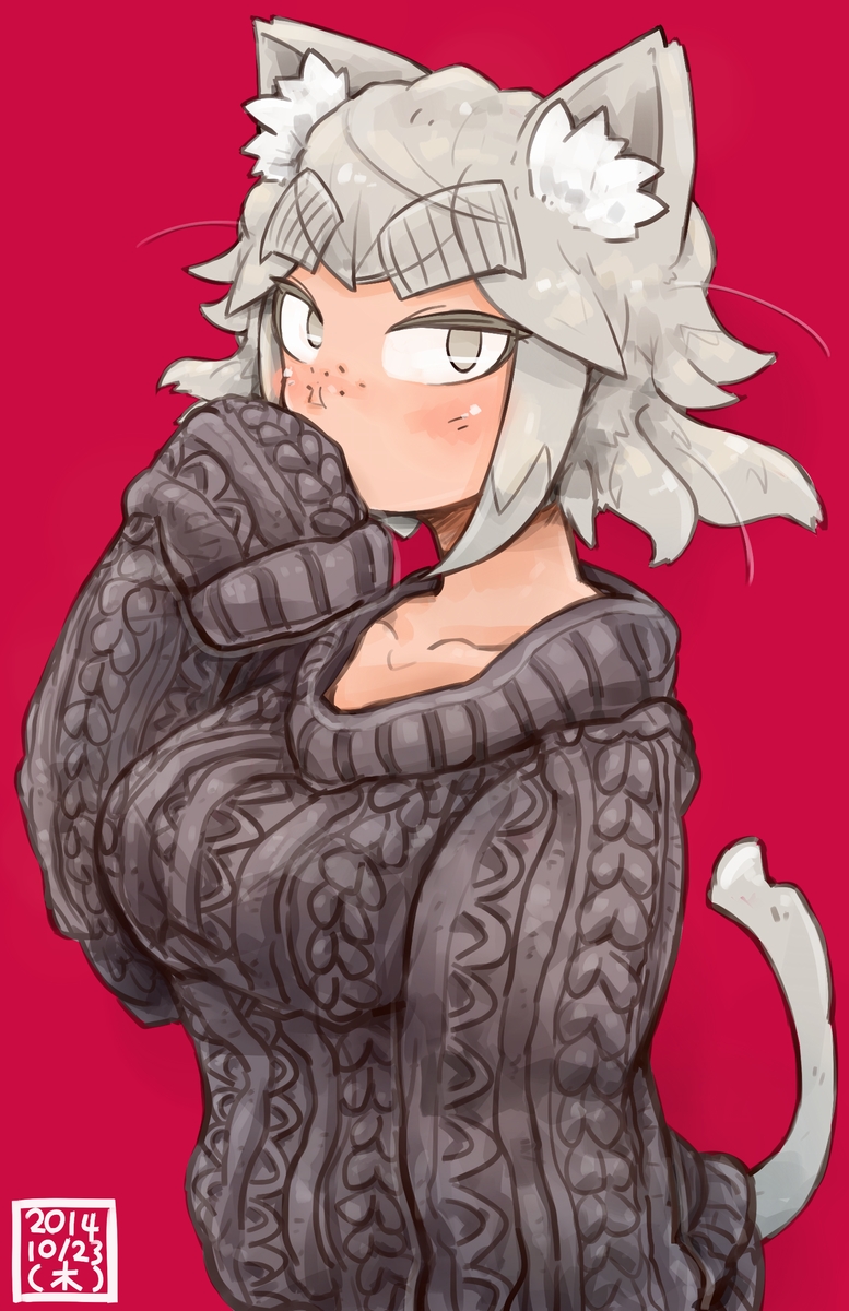 1girl, animal_ears, aran_sweater, blush, breasts, cat_ears, cat_tail, eyebrows