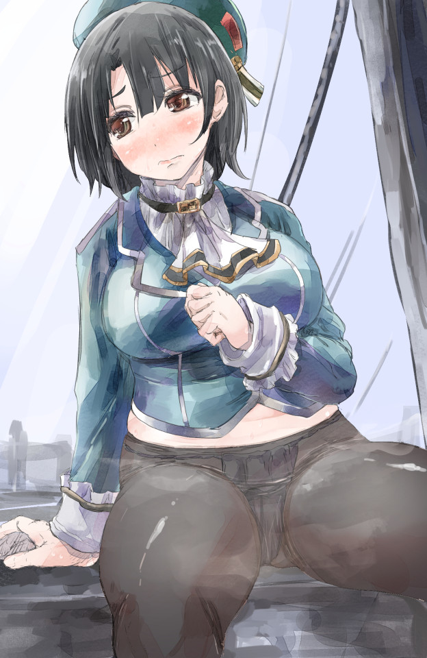 1girl, beret, black_hair, blush, breasts, brown_eyes, fundoshi, fundoshi_under_pantyhose, hat, kantai_collection, large_breasts, no_pants, pantyhose, plump, short_hair, sitting, solo, takao_(kantai_collection), yohane