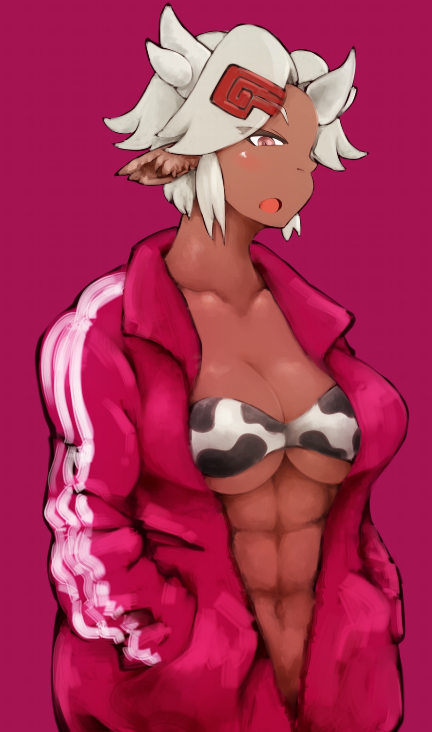 1girl, abs, bandeau, blush, breasts, cleavage, cow_horns, cow_print, dark_skin, grey_hair, hair_ornament, hairclip, hands_in_pockets, highres, horns, large_breasts, minotaur, monster_girl, navel, open_clothes, original, pink_background, pink_eyes, san_mamiya, short_hair, sideways_mouth, solo, track_jacket, under_boob