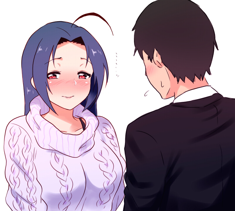 ..., 1boy, 1girl, ^_^, aran_sweater, blue_hair, blush, bra_strap