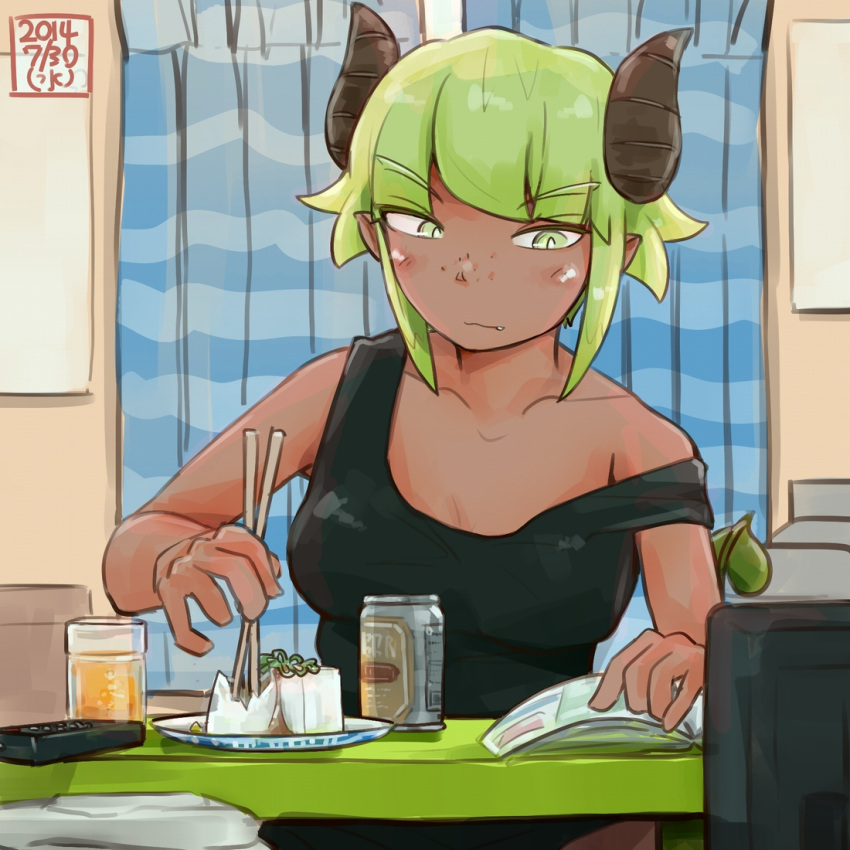 1girl, beer_can, blush, breasts, chopsticks, collarbone, controller, dark_skin, demon_girl, demon_horns, fang, food, freckles, green_eyes, green_hair, horns, original, piza-ko, pointy_ears, reading, remote_control, san_mamiya, short_hair, solo, strap_slip, tank_top