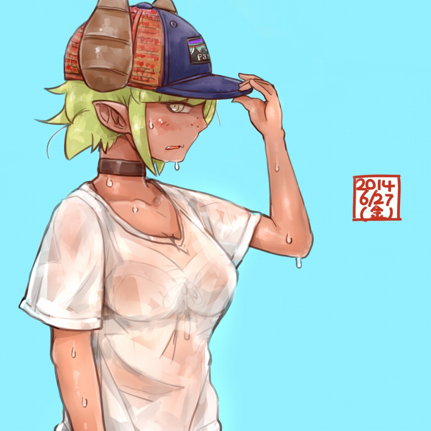 1girl, baseball_cap, blue_background, bra, choker, dark_skin, demon_girl, demon_horns, dripping, freckles, green_eyes, green_hair, hat, horns, original, piza-ko, pointy_ears, san_mamiya, see-through, short_hair, small_breasts, solo, sweat, sweating, t-shirt, underwear, wet, wet_clothes, wet_shirt, wet_t-shirt