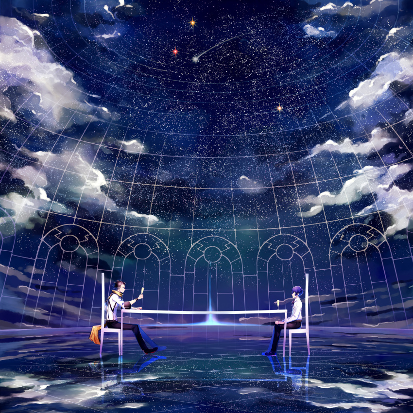 2boys, absurdres, arisato_minato, black_hair, blue_hair, chair, clouds, cup, highres, houhou_(black_lack), long_table, mochizuki_ryouji, multiple_boys, persona, persona_3, scarf, shooting_star, short_hair, sitting, sky, star_(sky), starry_sky, wine_glass, yuuki_makoto