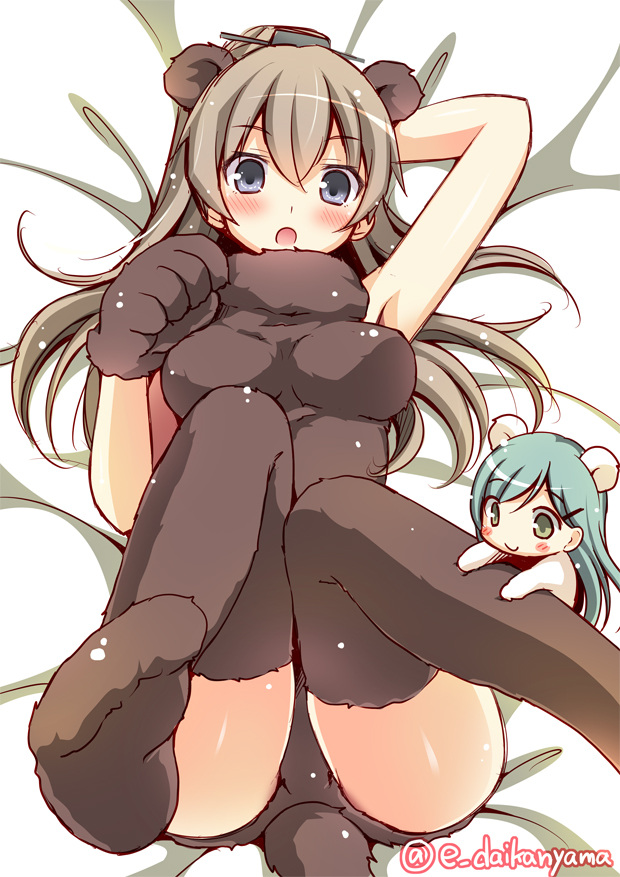 2girls, :o, alternate_costume, animal_costume, animal_ears, arm_behind_head, arm_up, bare_shoulders