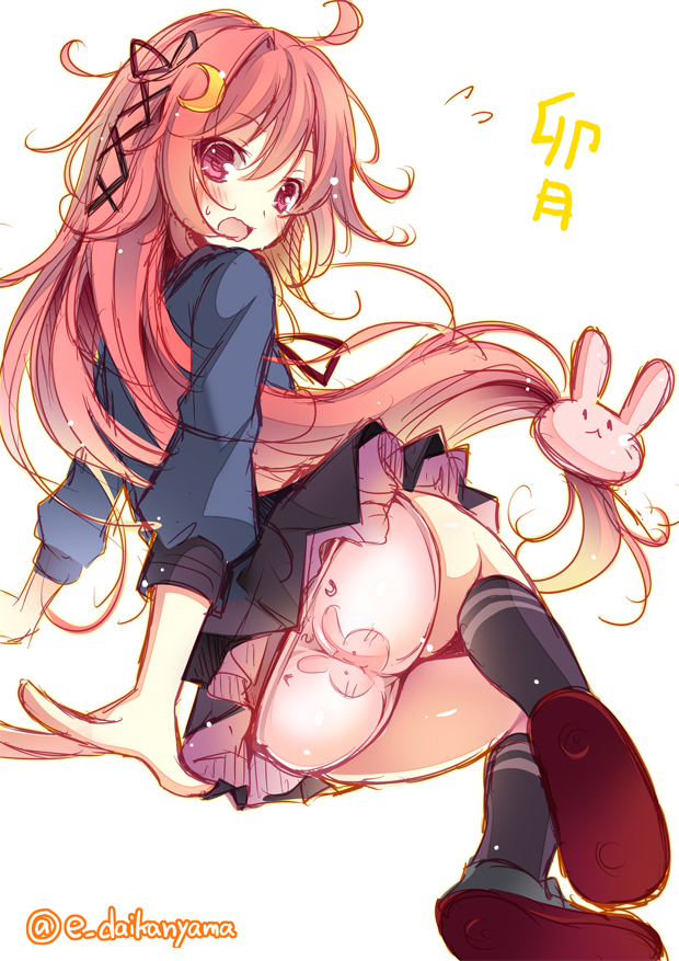 1girl, ahoge, black_legwear, blush, bunny_hair_ornament, bunny_panties, bunny_print, crescent_hair_ornament