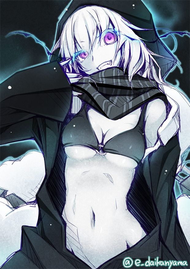 1girl, black_background, black_swimsuit, breasts, bust, cleavage, daikan'yama_ebisu, fangs, glowing, glowing_eyes, grin, hoodie, kantai_collection, looking_at_viewer, navel, o-ring_top, pale_skin, purple_hair, re-class_battleship, scarf, shinkaisei-kan, simple_background, smile, solo, striped, striped_scarf, swimsuit, tail, twitter_username, white_hair
