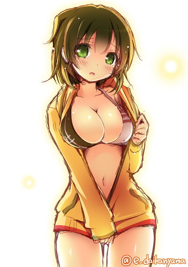 1girl, breasts, brown_hair, cleavage, cowboy_shot, daikan'yama_ebisu, green_eyes, head_tilt