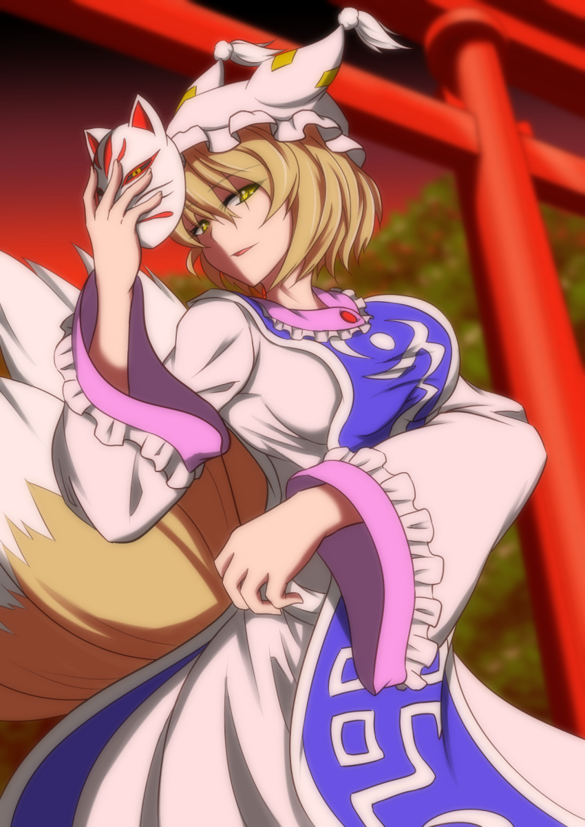 1girl, blonde_hair, dress, fox_mask, fox_tail, hat, hat_with_ears, highres