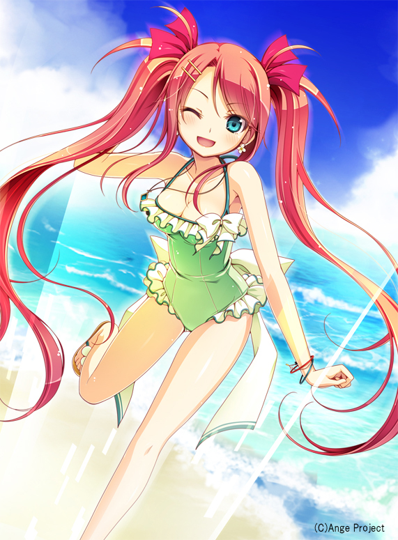 1girl, :d, ange_vierge, bangs, bare_legs, bare_shoulders, beach, blue_eyes