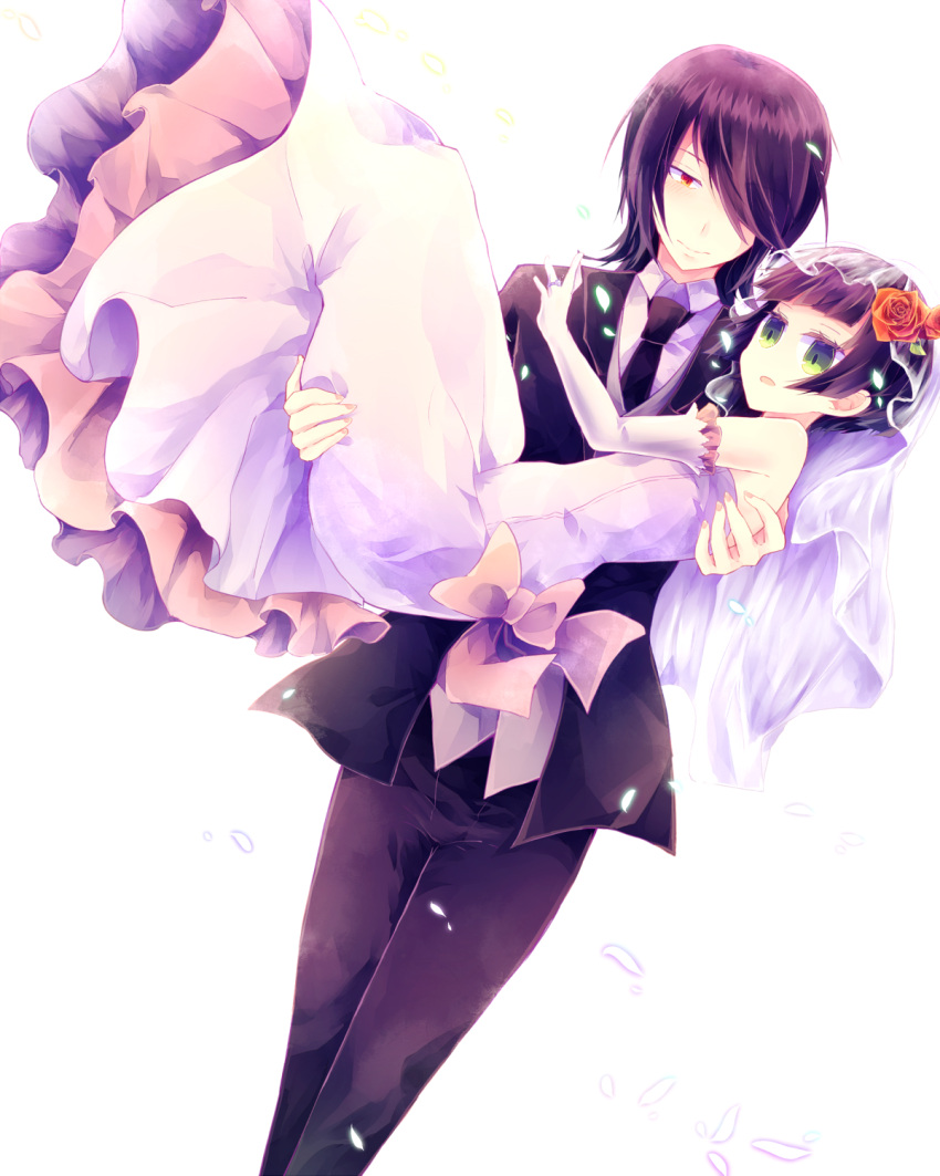 1boy, 1girl, dress, elbow_gloves, formal, gloves, green_eyes, gugure!_kokkuri-san