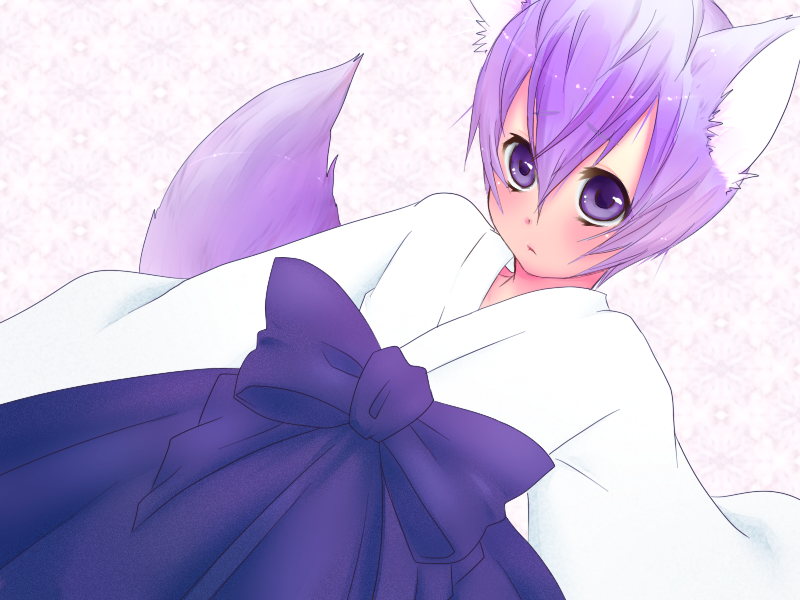 1boy, :<, androgynous, animal_ears, blush, fox_ears, fox_tail, ishida_mitsunari_(sengoku_basara)