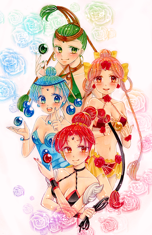 4girls, :d, amazons_quartet, bangs, bare_shoulders, bishoujo_senshi_sailor_moon, blue_eyes, blue_hair, cerecere_(sailor_moon), colored_eyelashes, flower, gem, green_eyes, green_hair, hair_bun, hair_ornament, hair_rings, index_finger_raised, junjun_(sailor_moon), marker_(medium), multiple_girls, open_mouth, orange_eyes, pallapalla_(sailor_moon), parted_bangs, pink_hair, red_eyes, redhead, ri_(aya_pine), rope, rose, smile, traditional_media, vesves_(sailor_moon), whip