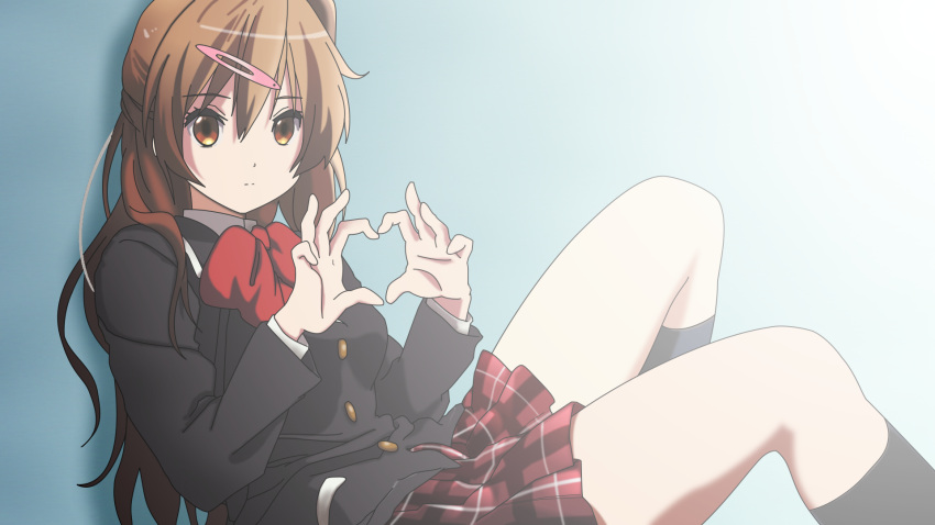 1girl, brown_eyes, brown_hair, chuunibyou_demo_koi_ga_shitai!, hair_ornament, hairclip, heart, heart_hands