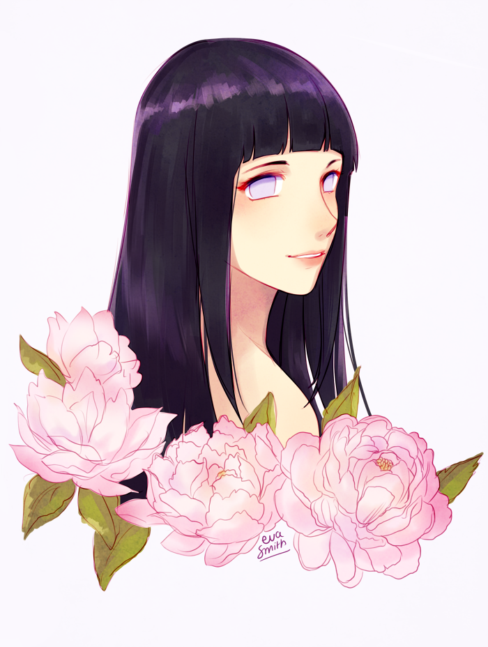 1girl, artist_name, eva_smith, flower, hyuuga_hinata, lavender_eyes, long_hair, looking_at_viewer, looking_back, naruto, naruto_shippuuden, peony_(flower), purple_hair