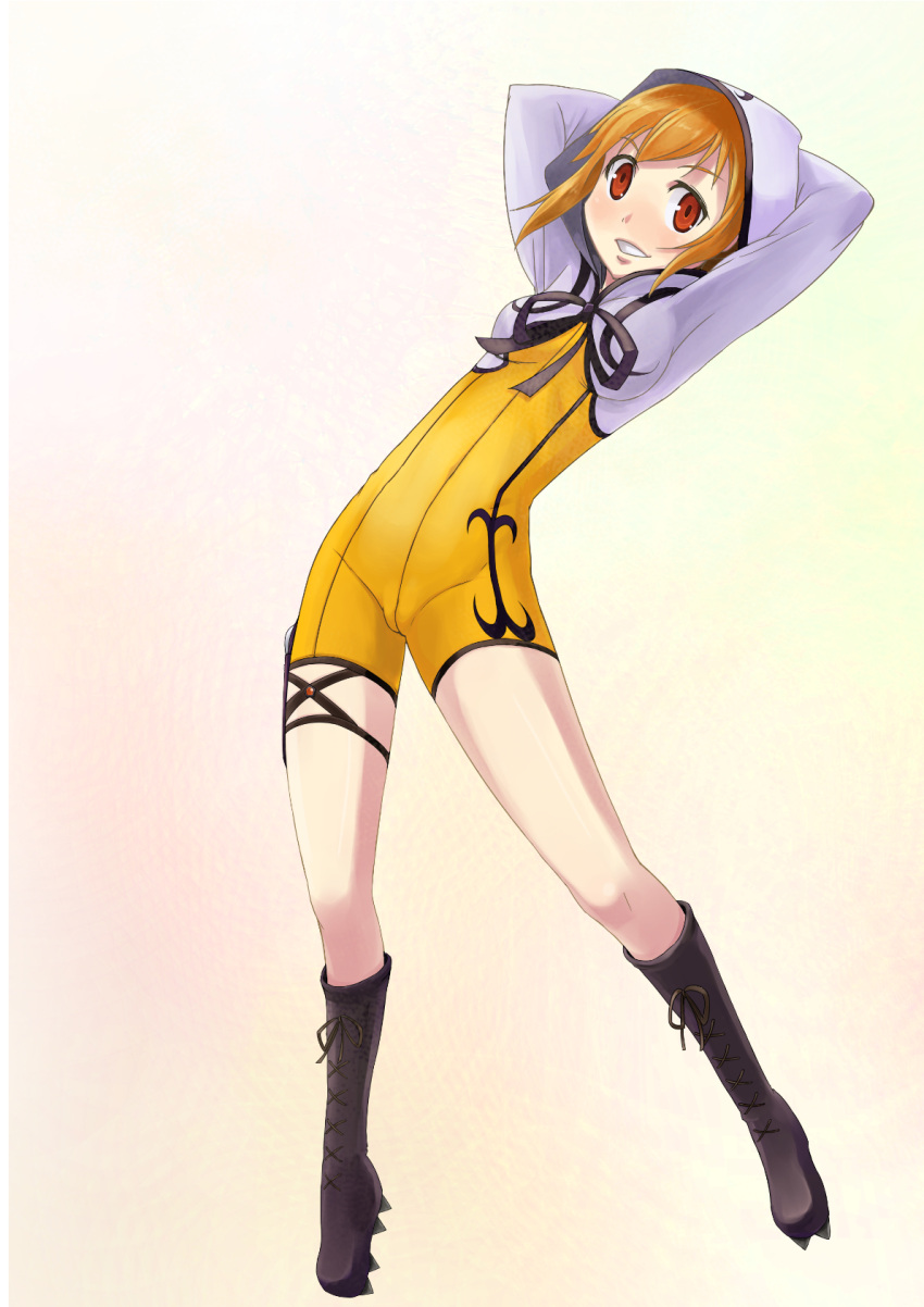 1girl, arms_behind_head, boots, highres, hooded_jacket, magical_girl, mahou_shoujo_kazumi_magica, mahou_shoujo_madoka_magica