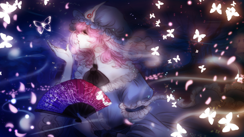 1girl, arm_garter, black_bow, blue_hat, bow, bowtie, butterfly, dark