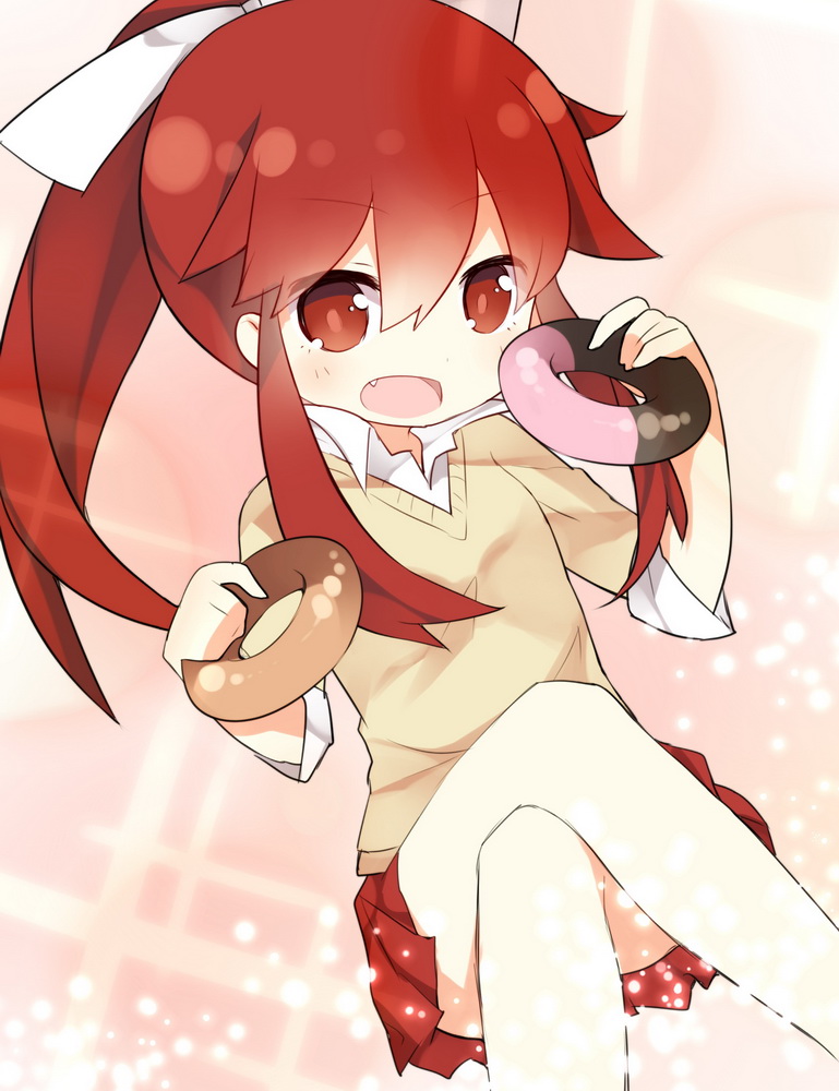 1girl, crossed_legs, doughnut, fang, long_hair, moe_musume, open_mouth, parody, pixiv, ponytail, red_eyes, redhead, saru, school_uniform, skirt, solo