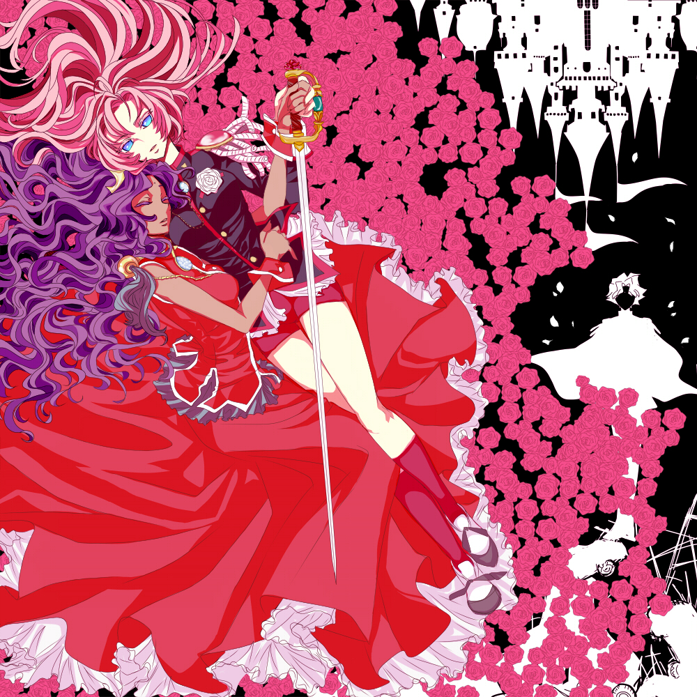 2girls, blue_eyes, castle, dress, epaulettes, flower, himemiya_anthy, long_hair, multiple_girls, nemoko, pink_hair, purple_hair, rose, shoujo_kakumei_utena, sword, tenjou_utena, tiara, wavy_hair, weapon