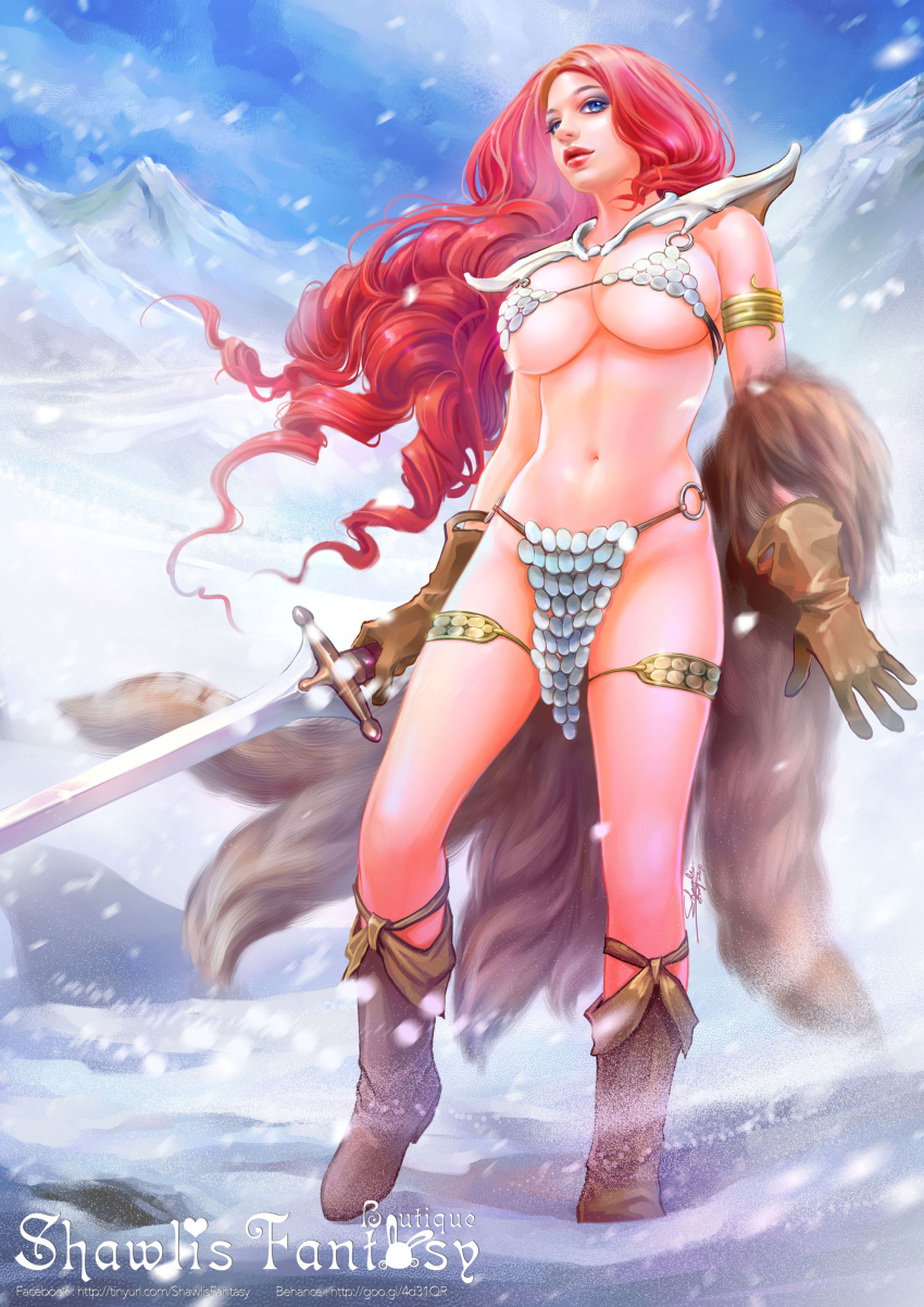 absurdres, armlet, armor, bikini_armor, blue_eyes, boots, curly_hair, gloves