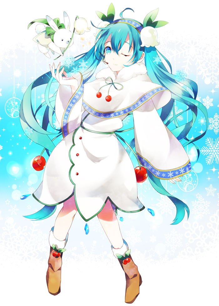 1girl, ahoge, aqua_eyes, aqua_hair, boots, hatsune_miku, headset, kama_ri