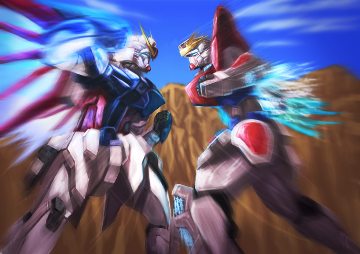 battle, build_burning_gundam, destiny_gundam, glowing, gundam, gundam_build_fighters, gundam_build_fighters_try, gundam_seed, gundam_seed_destiny, mecha, mechanical_wings, mutou_riu, no_humans, punching, wings