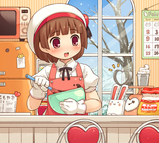 1girl, apron, baking, bangs, blunt_bangs, blush, bowl, brown_hair