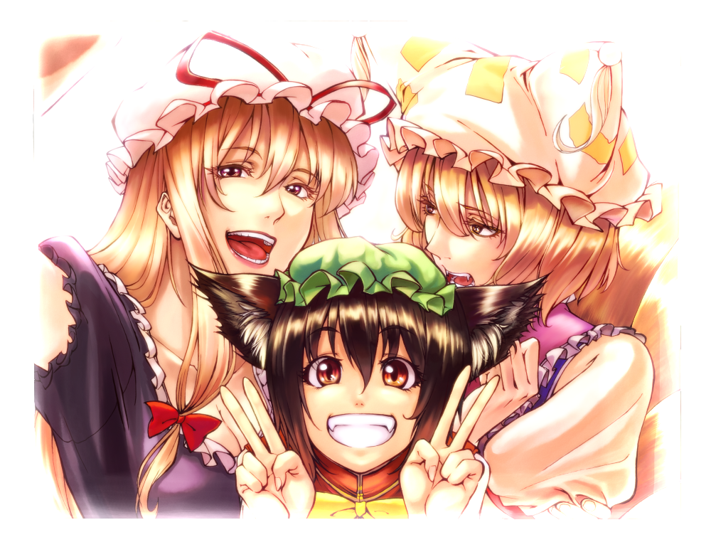 blonde_hair, brown_hair, cat_ears, chen, crow_(pixiv), edo_tatsuki, fox_tail, grin
