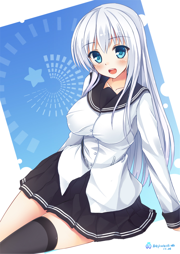 1girl, black_legwear, blouse, blue_eyes, breasts, hibiki_(kantai_collection), kantai_collection, kukan