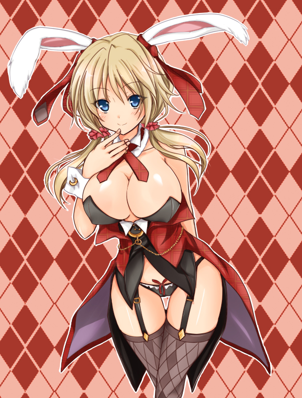 1girl, animal_ears, argyle, argyle_background, argyle_legwear, arm_behind_back, bare_shoulders, black_panties
