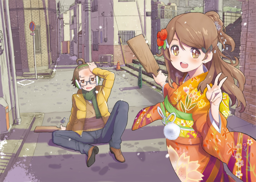 1boy, 1girl, :d, ahoge, blush, brown_eyes, brown_hair, earmuffs