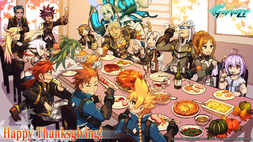 acura_(gunvolt), alcohol, artist_request, asimov_(gunvolt), azure_striker_gunvolt, black_hair, blonde_hair, brown_hair