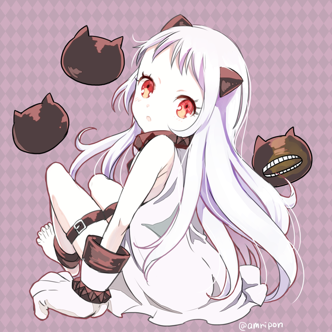 1girl, amripo, argyle, argyle_background, barefoot, dress, from_behind, horns