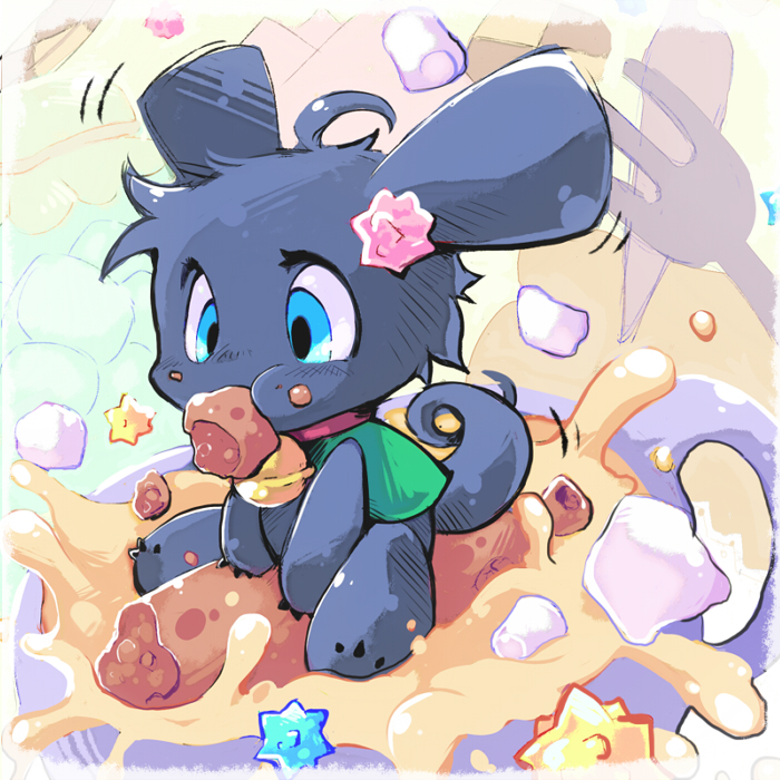 1boy, anmofu, bell, bell_collar, blue_eyes, bottomless, collar, eating, food, fork, furry, jingle_bell, male, original, sausage, solo, straddling