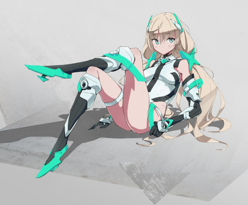 (stag), 1girl, angela_balzac, aqua_eyes, bare_shoulders, blonde_hair, bodysuit, breasts