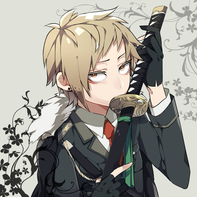 1boy, brown_eyes, brown_hair, gloves, kagerou_project, kano_shuuya, katana, kiragera