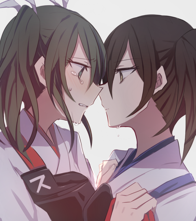 2girls, brown_eyes, brown_hair, crying, crying_with_eyes_open, face-to-face, green_eyes, green_hair