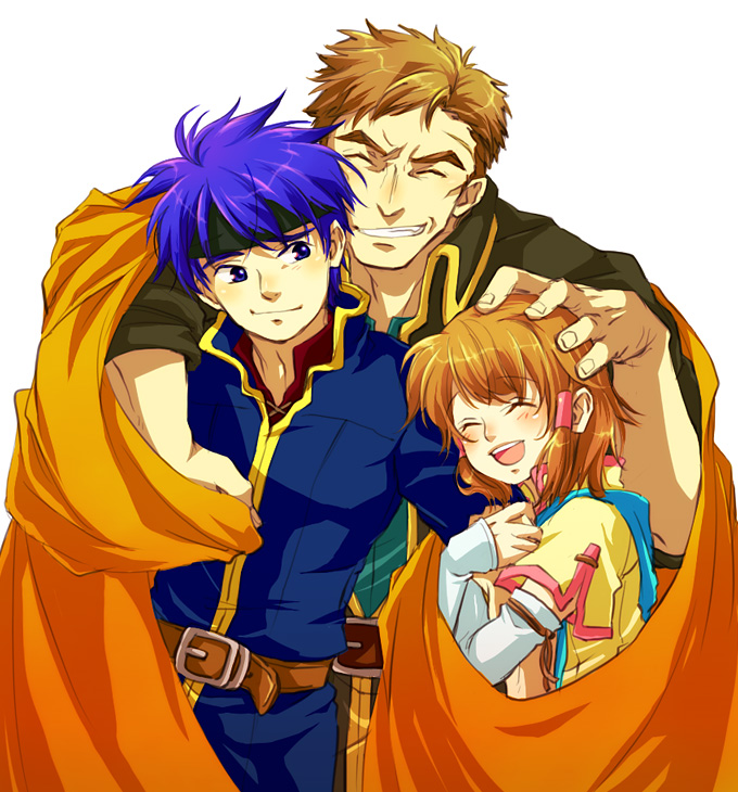 2boys, blue_eyes, blue_hair, brown_hair, cape, family, fire_emblem, fire_emblem:_souen_no_kiseki, fire_emblem_path_of_radiance, gloves, greil, grin, guttary, hair_tubes, happy, headband, hug, ike, mist, mist_(fire_emblem), multiple_boys, nintendo, petting, short_hair, smile