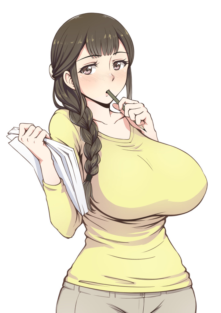 1girl, black_hair, blush, braid, breasts, brown_eyes, impossible_clothes, impossible_shirt