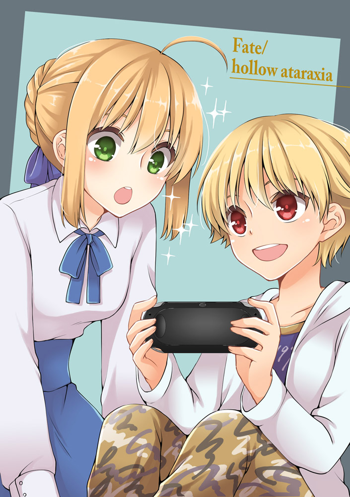 1boy, 1girl, ahoge, blonde_hair, child_gilgamesh, fate/hollow_ataraxia, fate/stay_night, fate_(series)