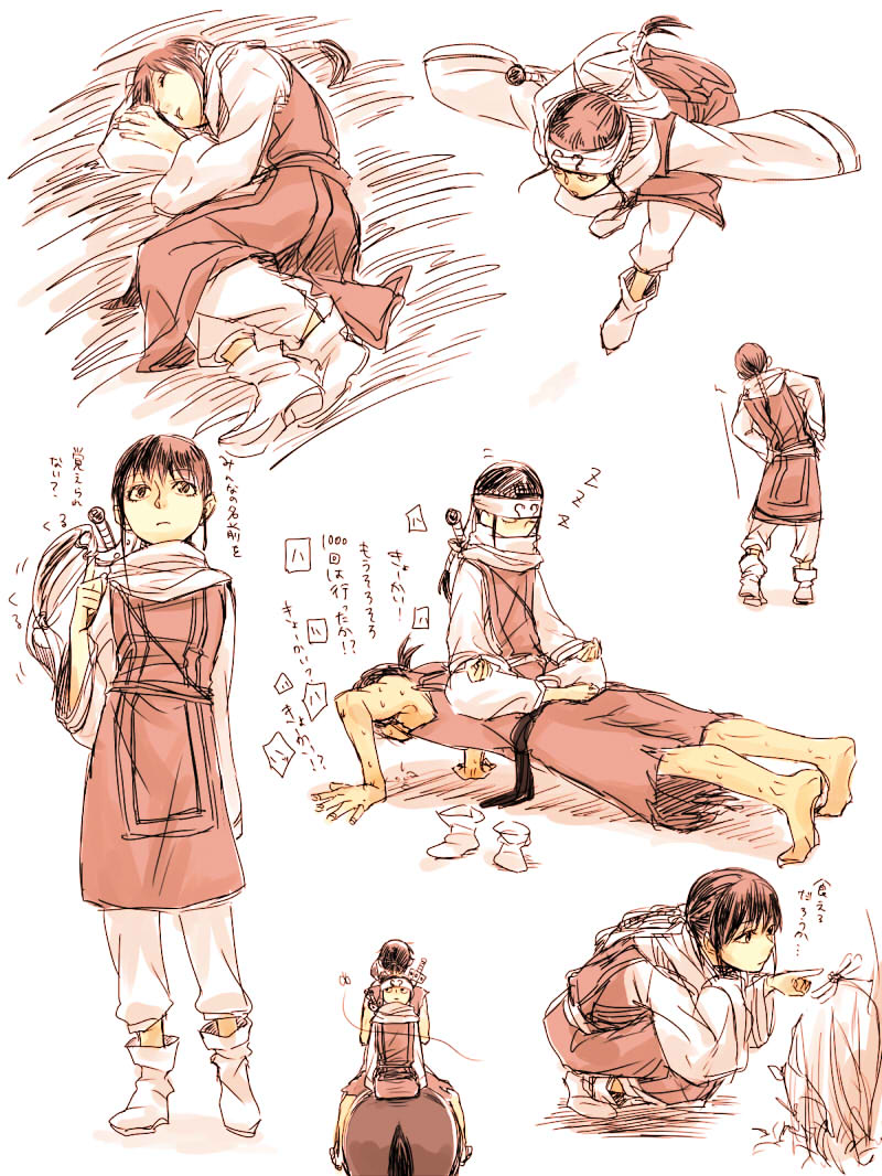 black_hair, chinese_clothes, headband, kingdom, kyoukai_(kingdom), long_hair, monochrome, nekoze_(tmjkotodama), ponytail, push-ups, scarf, shin_(kingdom), short_hair, sword, translated, weapon