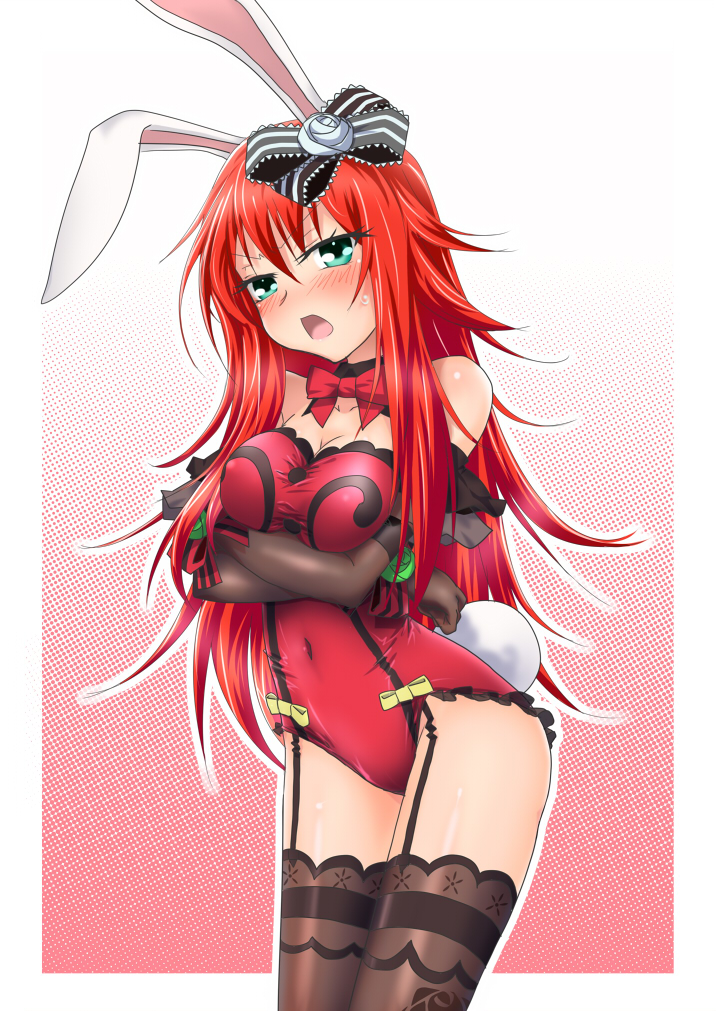 1girl, animal_ears, blush, bunnysuit, elbow_gloves, gloves, green_eyes, long_hair, open_mouth, pretty_rhythm, pretty_rhythm_rainbow_live, rabbit_ears, redhead, renjouji_beru, solo, yakisoba_(kaz2113)