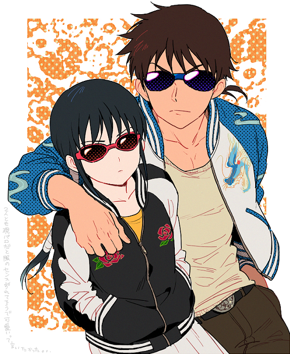 1boy, 1girl, belt, black_hair, contemporary, jacket, kingdom, kyoukai_(kingdom), long_hair, mabui_(poloon), ponytail, shin_(kingdom), short_ponytail, skirt, sunglasses