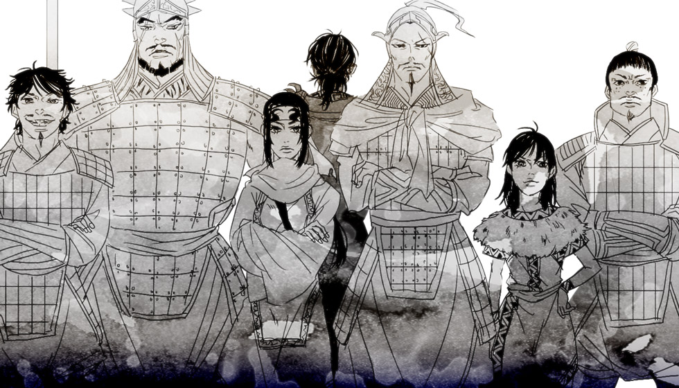 2girls, 5boys, armor, beard, bihei_(kingdom), black_hair, en_(kingdom), facial_hair