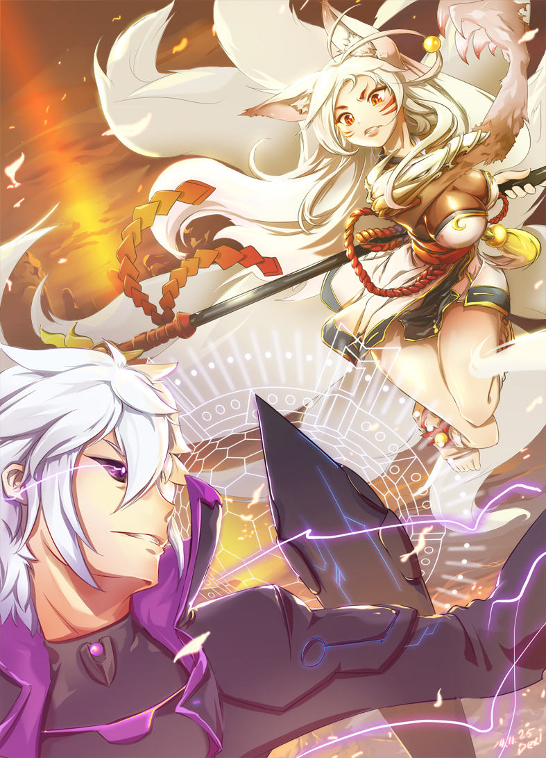 1boy, 1girl, 2014, add_(elsword), animal_ears, ara_han, battle, black_sclera, breasts, clenched_teeth, dated, elsword, fox_ears, long_hair, orange_eyes, servati, signature, skirt, staff, violet_eyes, white_hair