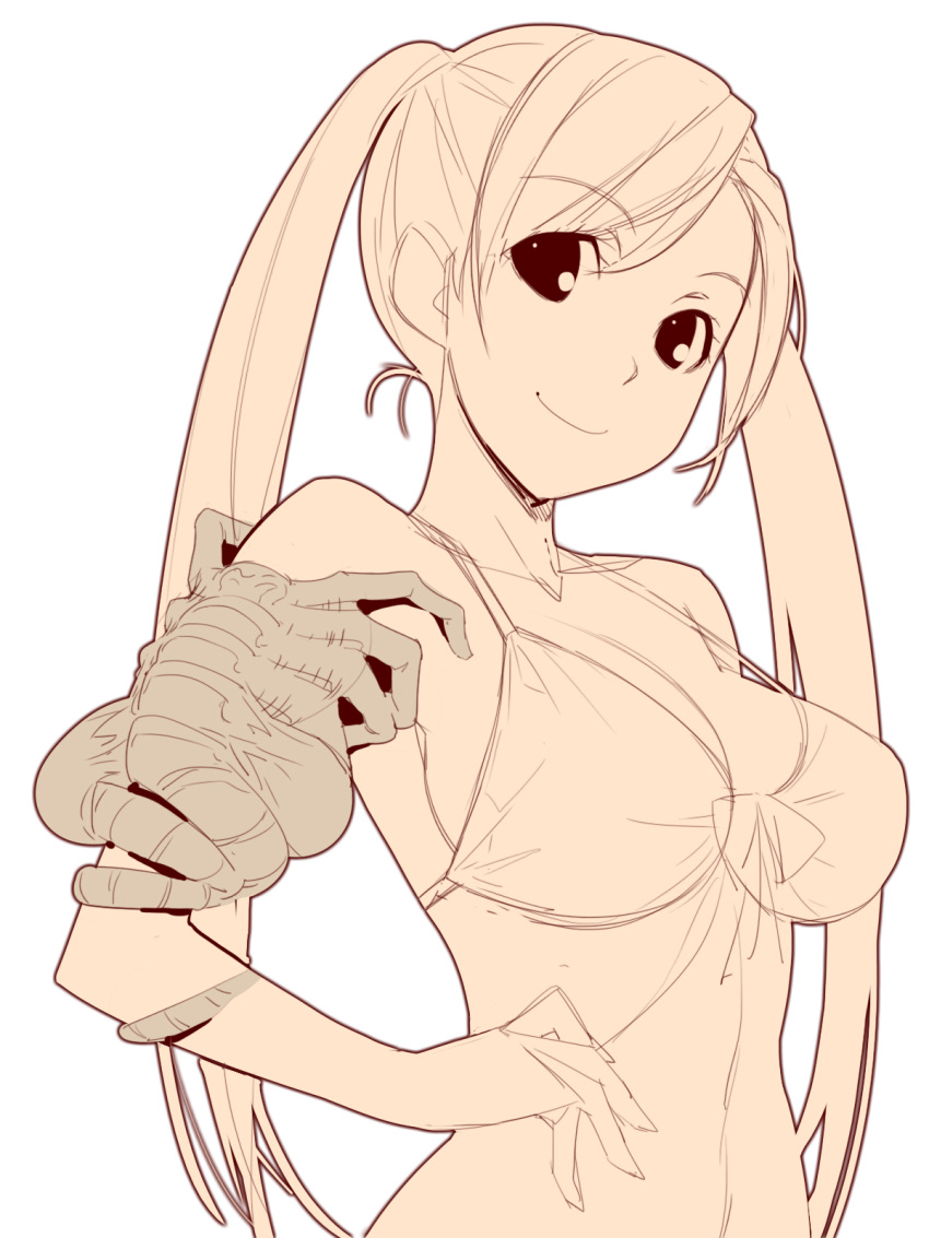 1girl, alien, alien_(movie), arm_hug, breasts, facehugger, front-tie_top, highres