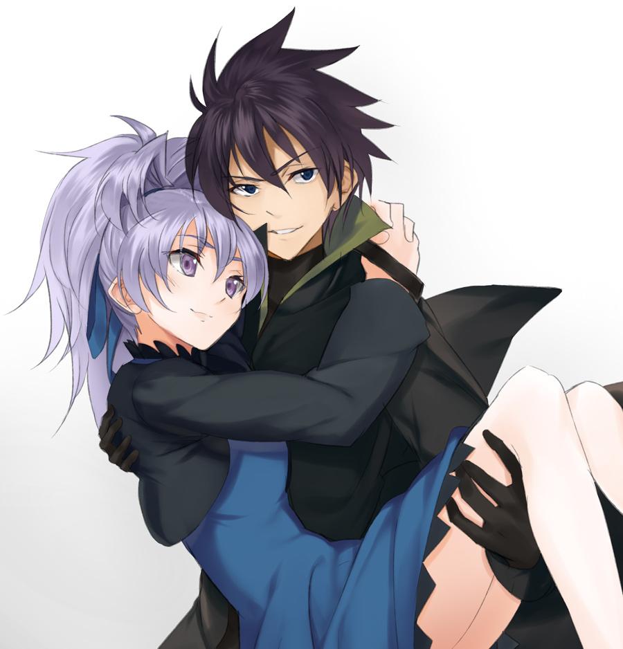 1boy, 1girl, arms_around_neck, black_gloves, black_hair, blue_dress, carrying, darker_than_black