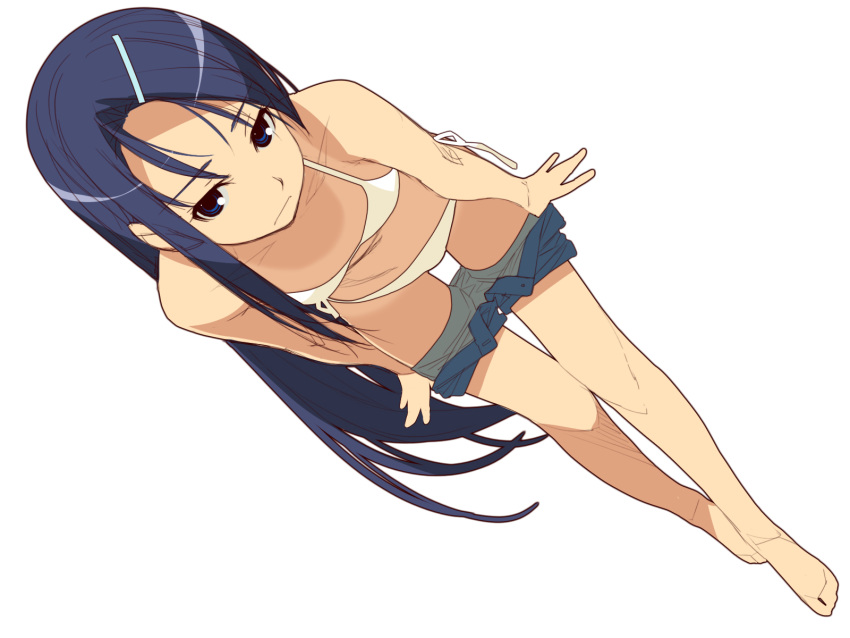 1girl, barefoot, bikini, bikini_top, blue_eyes, blue_hair, flat_chest, hair_ornament, hairclip, highres, ino, long_hair, mochizuki_nonoka, one-piece_tan, otome_function, shorts, side-tie_bikini, simple_background, solo, swimsuit, tan, tanline, undressing